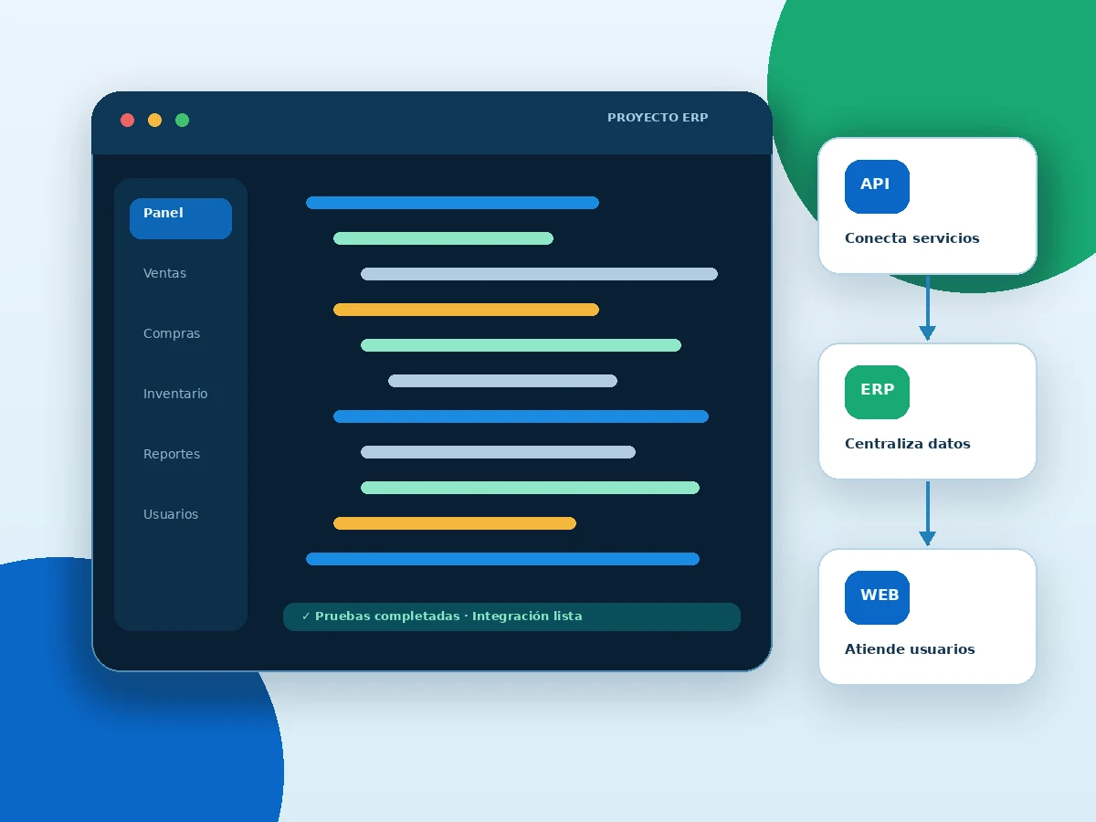 Ilustración de desarrollo de software con módulos ERP, API y web